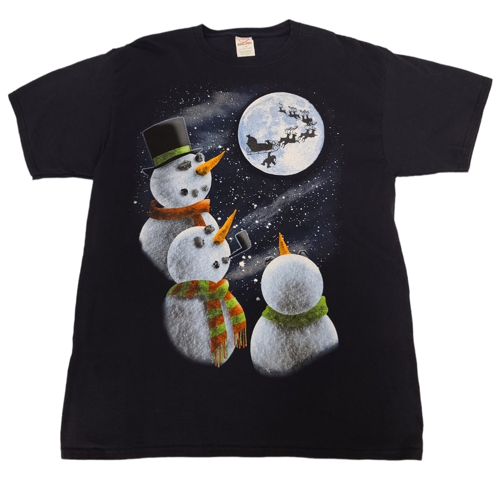 Dec 25th Santa Hold On 3 Snowmen Watching  T-Shirt‎ Size Large Mens